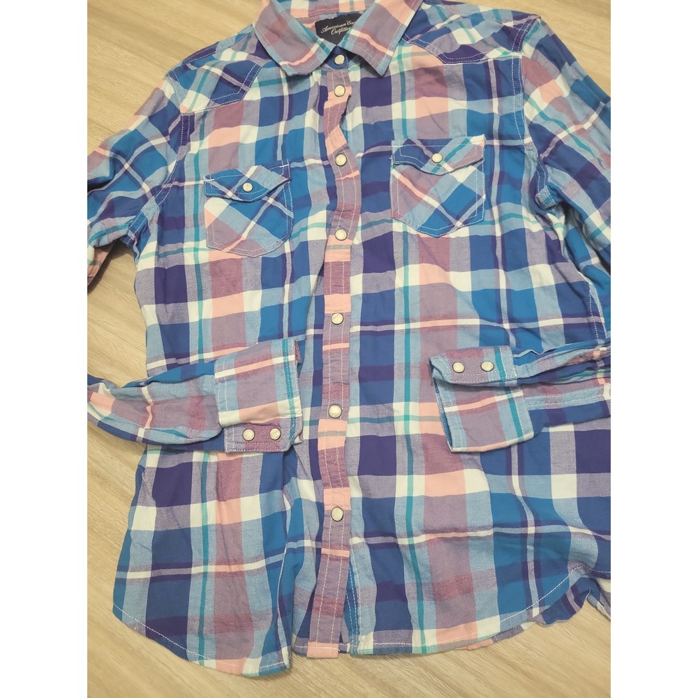 American Eagle Outfitters Womens Blue Pink Plaid Western Snap Button Shirt L - Picture 3 of 8